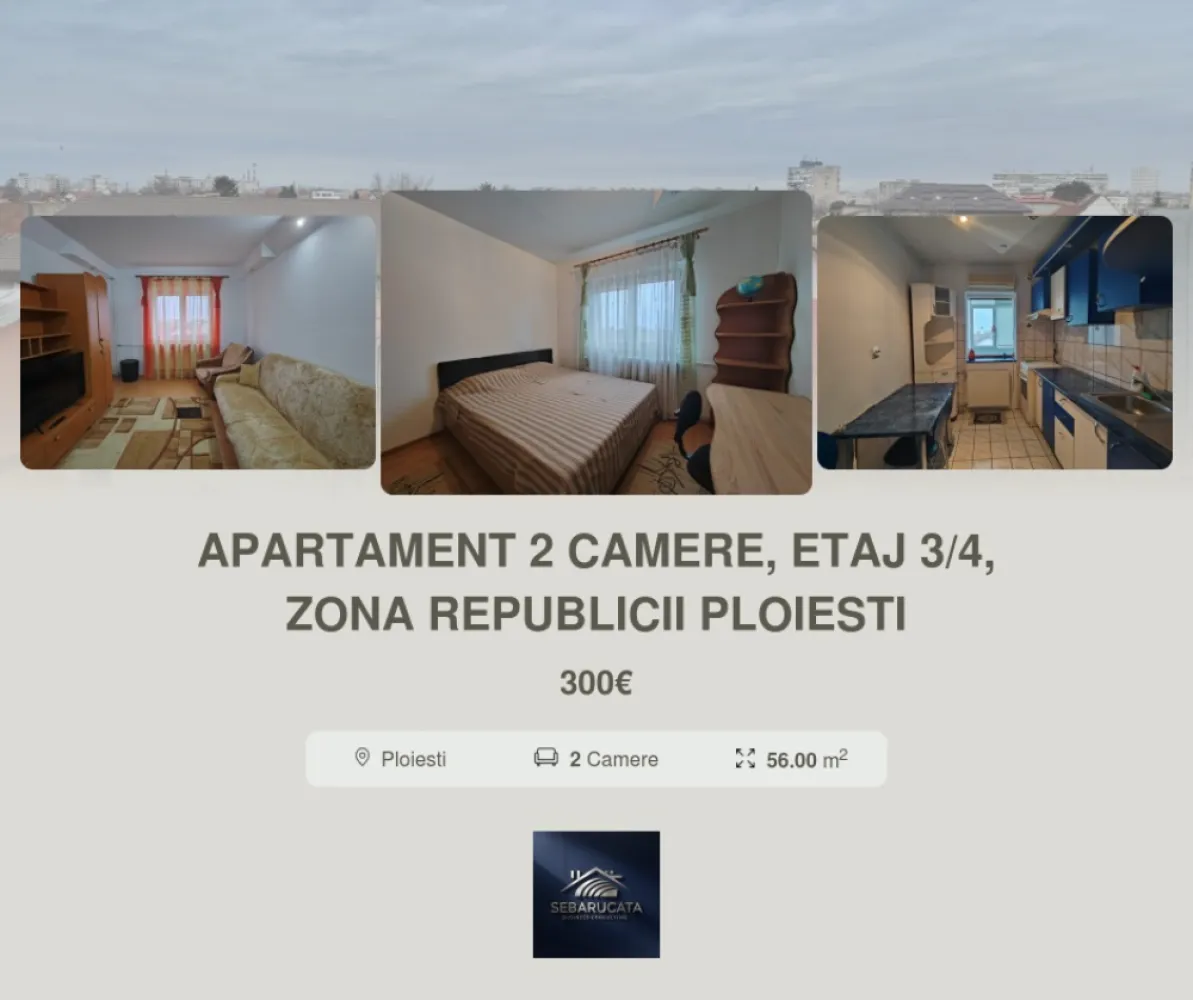 Apartament 2 camere, decomandat, etaj intermediar, zona Republicii, Ploiești - Catalina Anghel-broker imobiliar vă prezintă spre închiriere un apartament cu 2 camere, decomandat, situat la etajul 3 al unui bloc cu regim de înălțime p+4. Apartamentul se închiriază mobilat și utilat.Beneficiile acestui apartament sunt date de următoarele aspecte:- suprafata generoasa a apartamentului și compartimentarea acestuia;- balcon pe toată suprafața bucătăriei cu acces din living;- poziționarea acestuia la un etaj intermediar;- scară de bloc prevăzută cu interfon;- acces facil către punctele de interes ale orașului și mijloace de transport în comun.- disponibilitate imediată.Se dorește închirierea acestuia pe perioada lunga de timp.La închiriere se va achita o luna chiria in avans( 1500 lei), o luna contravaloarea chiriei cu titlul de garanție( 1500 lei) + 50% dintr-o luna de chirie( 750 lei)- comisionul agenției.Pentru detalii suplimentare și stabilirea unei vizionari, va invit sa ne contactați .