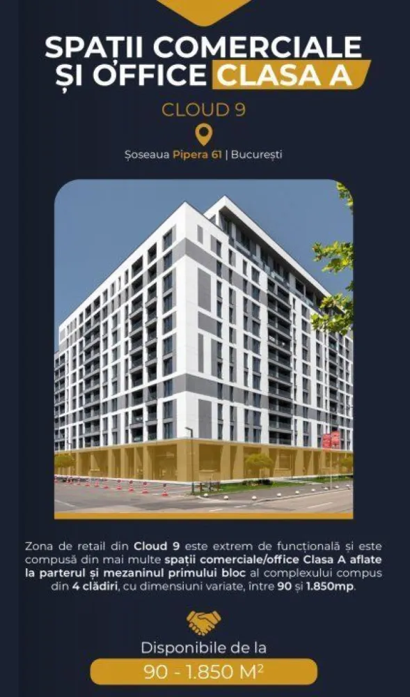 BRASADAS închiriază Sp Com/Office 300mp Cloud9 Pipera, - Agenția BRASADAS închiriază Spatiu comerciale/office disponibil imediat, situat in galeria de retail a ansamblului Cloud 9, finalizat in 2023. 
Cu deschidere directa la Soseaua. Pipera, galeria este compusa din mai multe spatii comerciale/office Clasa A aflate la parterul si mezaninul primului bloc al complexului compus din 4 cladiri.

41 de locuri de parcare disponibile. 
Aproape de metrou  Aurel Vlaicu(600m), ideal pentru acces facil in zona de business din Nordul Bucurestiului, mall Promenda, etc. 

Multiple cai de acces, aviz ISU, personalizare la cerere.

Alti chiriasi in complex: retail - Carrefour, mobilier premium - Rimadesio, beauty. Peste 2000 de apartamente pe o raza de 300 metri si  peste 10.000 de apartamente in dezvoltare.  Trafic auto intens. 

Fotografiile reprezinta sugestii de amenajare.

Pentru mai multe oferte accesați www.brasadas.com