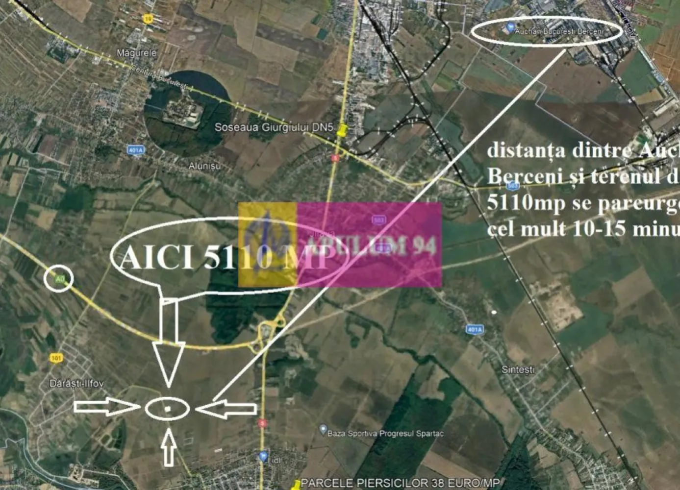 Teren Intravilan cu front stradal la un Drum Principal langa București - Vă propun un teren de colț, cu două frontrui stradale, un front stradal la un drum principal de peste 40ml si un al doilea front stradal la un drum secundar neamenajat de peste 100ml. La nici 14 minute de București, spre Giurgiu, langa Inelul de Centura A0 (Centura a doua a Bucureștiului) avem un teren perfect pentru un mic centru logistic sau un proiect frumos. Terenul este cu front stradal direct la drumul principal ce leagă localitățile 1 Decembrie și Dărăști din județul Ilfov (DJ 401). Frontul stradal este de 41ml pe un tronson de drum care beneficiază de iluminat public stradal. Terenul este compact, proprietarii sunt persoane fizice si tranzactia nu implică TVA. Documentele sunt la zi, avem cadastru, intabulare si documentația cadastrală aferentă. Utilitățile nu sunt la distanță mare. Accesul la teren se poate face ușor fie din A0 coborând la 1 Decembrie pe Soseaua Giurgiului, fie din București pe ieșirea spre Giurgiu (tot Șoseaua Giurgiului) sau prin Măgurele prin Dărăști. Este un teren bine amplasat, o investiție sigură la un preț bun, un teren unde puteți dezvolta frumos orice proiect.Pentru mai multe detalii și programarea de vizionări nu ezitați să mă contactați, Daniel, Apulum94. Facilităm și achiziționarea prin credit ipotecar prin intermediul partenerilor, agenția imobiliară percepe un comision de 3% din prețul de tranzacționare și la vizionare se semnează contract de prestări servicii.