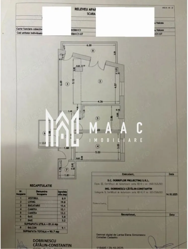 Apartament 3 camere | etaj 1 | bloc nou | - MAAC IMOBILIARE vă propune spre vânzare un apartament deosebit, situat în zona centrală a municipiului Râmnicu Vâlcea, la doar câțiva pași de Parcul Zăvoi și River Plaza Mall.
Acest apartament cu 3 camere decomandate este amplasat la etajul 1 al unui imobil modern, cu regim redus de înălțime, dotat cu lift, video interfon, sistem de supraveghere și acces securizat cu barieră. Construit cu materiale premium și finisaje de înaltă calitate, imobilul oferă confort și siguranță la cele mai înalte standarde.
Cu o suprafață utilă generoasă de 91,7 mp, proprietatea se remarcă printr-o compartimentare eficientă și spații luminoase, ideale pentru un stil de viață modern.
Compartimentare:
-Living spațios și luminos cu bucătărie open-space
-2 dormitoare confortabile
-2 băi moderne
-Hol generos
-Balcon
Apartamentul se vinde complet mobilat și utilat, cu mobilier nou, modern, totul fiind pregătit pentru mutare imediată – alegerea ideală pentru cei care își doresc confort fără investiții suplimentare.
Localizare excelentă: poziționat în centrul orașului, cu acces rapid către parc, mall, unități de învățământ, restaurante, farmacii și mijloace de transport în comun.
Proprietatea este ideală atât pentru locuință proprie, cât și pentru investiție, datorită cererii ridicate din zonă.
Pentru mai multe detalii și programarea unei vizionări, echipa MAAC IMOBILIARE vă stă la dispoziție!
CP2987441