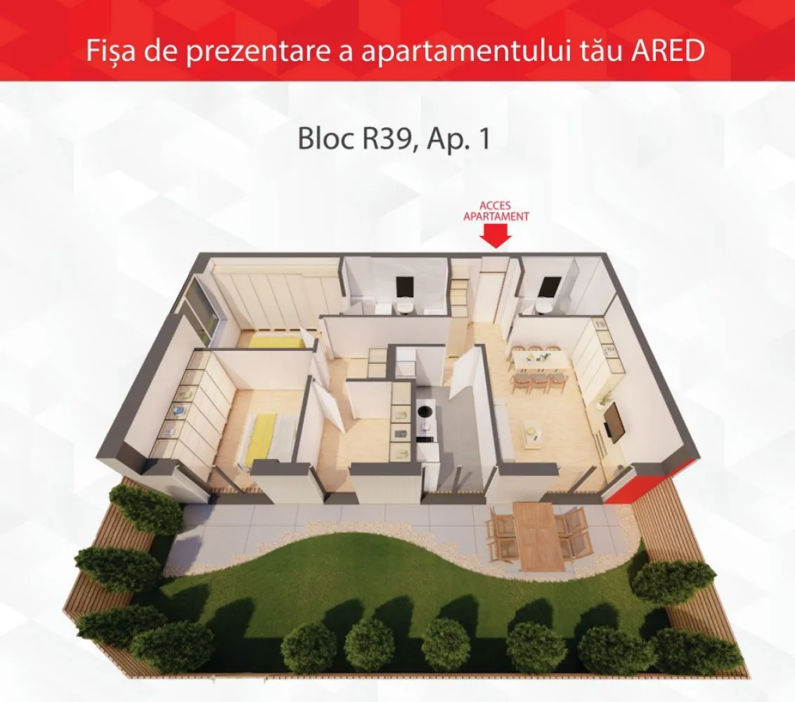 The Private Garden Residence: Unicitate și Distincție în ARED City - Vă propun spre achiziție singura unitate de la parter dotată cu curte proprie din cadrul complexului IMAR. Este o proprietate de o raritate absolută pe piața din Arad, care îmbină libertatea și intimitatea unei case cu securitatea și tehnologia unui complex rezidențial de top.

Avantaje financiare și comerciale strategice:
Discount substanțial: Beneficiați de o reducere de 12% din preț pentru plata integrală efectuată până la data predării (30.11.2026).
Achiziție directă: Tranzacție direct de la dezvoltator, cu Comision 0%.

Configurație și flexibilitate la amenajare:
Spațiu: 87 mp utili (3 camere, 2 băi) + grădină privată de 55 mp cu orientare Nord-Est (climat optim de lumină).
Parcare: Loc de parcare propriu inclus în preț.
Opțiuni de predare: Prețul de listă este pentru varianta nefinisată (la gri), oferindu-vă libertate totală în design. La cerere, dezvoltatorul poate livra locuința finisată premium sau complet mobilată.
Tehnologie: Eficiență energetică extremă (izolație de 20 cm) și sistem Smart Home integrat.

Preț varianta nefinisat: 242.921 € (+ TVA).

Poziționarea în zona IMAR asigură acces pietonal rapid la AFI Mall, zone de business și parcuri. Un activ imobiliar exclusivist, ideal pentru o familie modernă sau pentru un portofoliu de investiții premium.

ATENȚIE! Poze cu titlu ilustrativ.

Pentru detalii:
Jasmina Uglesits - 0740814770