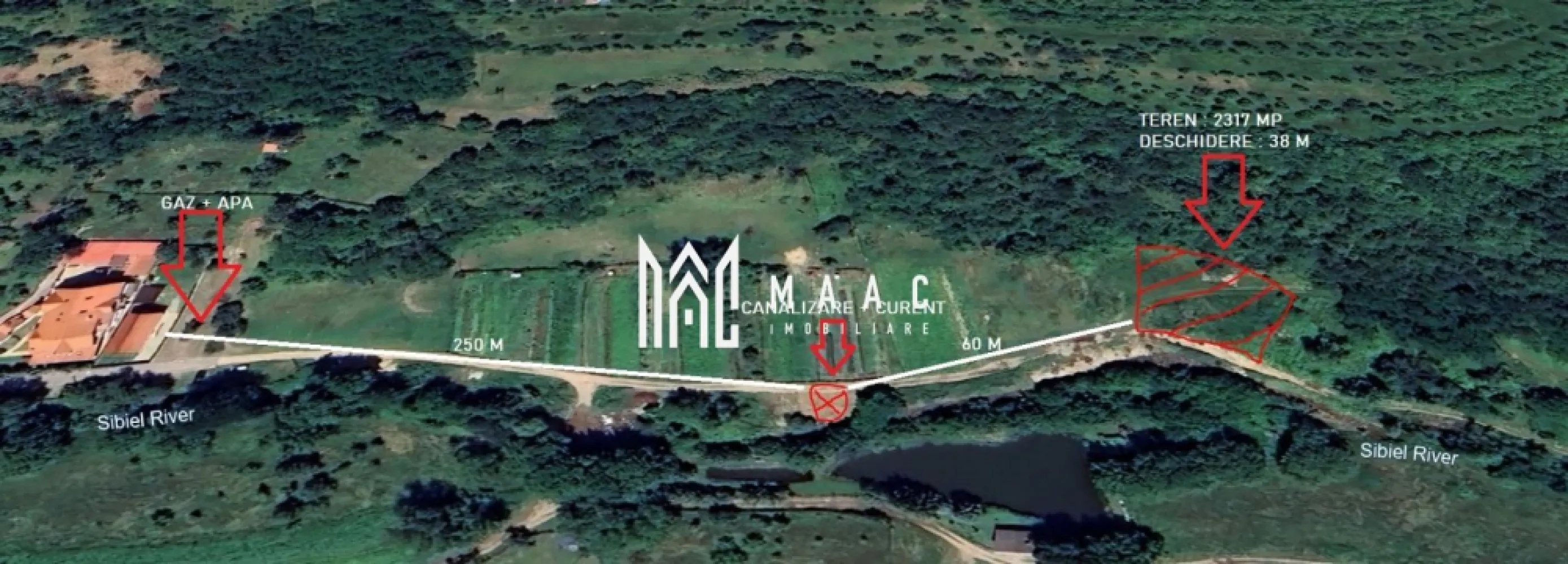 Teren 2317 mp INVESTITIE Sibiel - MAAC Imobiliare vă propune spre vânzare un teren cu suprafața de 2317 mp, situat în Sibiel, pe strada Unghiului, după pensiunea River Chalet, într-un cadru natural deosebit, ideal pentru dezvoltarea unei proprietăți de vacanță sau a unei investiții turistice.

Terenul beneficiază de o poziționare privilegiată, având în spate pădurea și în față râul, cu orientare sudică, oferind lumină naturală pe tot parcursul zilei și o perspectivă panoramică asupra împrejurimilor. Locația este potrivită pentru construirea unei cabane, a unei case de locuit sau a unei pensiuni, fiind deja disponibil certificat de urbanism pentru anexe exploatație agricolă.

Utilitățile, respectiv curentul electric și canalizarea, sunt disponibile la aproximativ 60 m de teren, facilitând procesul de racordare.

-suprafață teren 2317 mp
-situat în Sibiel, strada Unghiului, după pensiunea River Chalet
-deschidere către râu și pădure în proximitate
-orientare sudică
-pretabil pentru cabană, casă de locuit sau pensiune
-certificat de urbanism pentru anexe exploatație agricolă
-utilități (curent și canalizare) la 60 m

Pentru mai multe detalii vă rugăm să menționați CP3008646 la telefon.