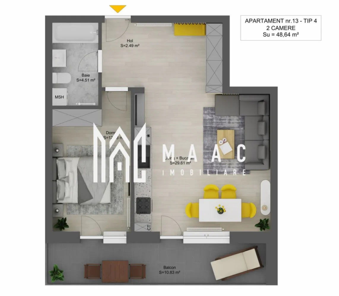 Apartament 2 Camere I Sibiu I Doamna Stanca I Balcon I Parcare Inclusă - MAAC Imobiliare vă propune spre vânzare un apartament modern cu 2 camere, situat pe Strada Doamna Stanca din Sibiu, într-o zonă rezidențială nouă, aflată în plină dezvoltare și tot mai apreciată pentru accesibilitate și facilitățile din apropiere. Proprietatea reprezintă o alegere excelentă atât pentru locuință proprie, cât și pentru investiție, datorită compartimentării eficiente, spațiilor generoase și poziționării într-un ansamblu rezidențial nou.

Apartamentul este conceput pentru a oferi confort și funcționalitate, având un living spațios cu bucătărie open-space, zone bine delimitate și un balcon generos, ideal pentru relaxare.

Compartimentare:
-Living + bucătărie: 29,61 mp
-Dormitor: 12,03 mp
-Baie: 4,51 mp
-Hol: 2,49 mp
-Balcon: 10,83 mp

Proprietatea este disponibilă în două variante de predare:
-97.500 euro (TVA inclus) – semifinisat
-103.700 euro (TVA inclus) – finisat la cheie

Dotări și beneficii:
-Loc de parcare exterior inclus
-Posibilitate achiziție parcare interioară – 10.900 euro
-Centrală termică
-Racordat la toate utilitățile
-Predare la cheie pentru varianta finisată
-Ansamblu rezidențial nou
-Compartimentare practică și luminoasă
-Balcon generos

Zona Doamna Stanca este una dintre cele mai căutate zone noi din Sibiu, oferind acces rapid către centre comerciale, magazine, școli, supermarketuri și principalele artere ale orașului. Apartamentul este potrivit pentru cei care caută un apartament nou în Sibiu, într-o zonă modernă, cu infrastructură în dezvoltare și acces facil către toate punctele de interes.

Pentru mai multe detalii vă rugăm să precizați telefonic că ați văzut anunțul cu CP3049402.