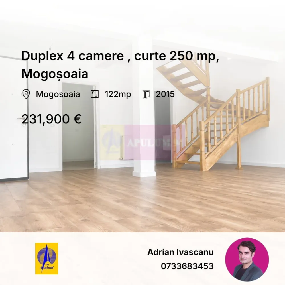 Duplex 4 camere , curte 250 mp, Mogoșoaia - Duplex de 122 mp într-o vilă din Mogoșoaia, Prelungirea Colentina, cu teren de 301 mp și curte de 250 mp — greu de găsit la casele din acest segment de preț. Construită în 2015, renovată în 2025: instalații, usi, mobilier bai și finisaje noi; fără investiții majore dupa mutare.
Parterul are living spațios cu acces în curte și bucătărie separată. La etaj: 3 dormitoare, 2 băi și balcon la două dintre camere. 
Zonă liniștită, aproape de lac și de Palatul Mogoșoaia, cu acces direct spre București, fără ocoliri prin sat. Stația de autobuz e la 1 minut de mers pe jos. 
Preț: 231.900 €. Comision 0% pentru cumpărător.
Pentru vizionare, sunați sau scrieți pe WhatsApp: 0733.683.453.