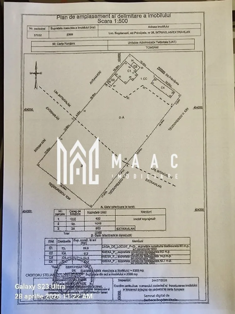 Casa cu teren | Bogdanesti | 4.012 mp - MAAC Imobiliare vă propune spre vânzare o proprietate compusă din casă și teren generos, situată în satul Bogdănești, în zona Horezu, județul Vâlcea, într-un cadru liniștit, aproape de natură, ideal pentru locuire permanentă, casă de vacanță sau investiție în scop turistic. Amplasarea într-o zonă în dezvoltare, cu potențial turistic ridicat, oferă multiple oportunități de valorificare pe termen lung.

Proprietatea dispune de o suprafață totală de teren de 4012 mp, oferind spațiu amplu pentru amenajări suplimentare, extindere sau dezvoltarea unui proiect de tip pensiune. Deschiderea la stradă de 17 metri facilitează accesul auto și permite o bună organizare a spațiului.

Caracteristici principale:
-casă + teren
-suprafață totală teren: 4012 mp
-deschidere de 17 metri la stradă
-acces auto

Avantaje și potențial:
-zonă liniștită, aproape de natură
-potrivită pentru locuință permanentă sau casă de vacanță
-potențial turistic ridicat, zona Horezu fiind în dezvoltare

Utilități:
-apă la poartă
-curent electric

Poziționarea în satul Bogdănești, în apropiere de Horezu, oferă un echilibru între intimitate, natură și accesibilitate, fiind o alegere potrivită pentru cei care caută o proprietate cu teren generos într-o zonă cu perspectivă de creștere.

Pentru mai multe detalii și programarea unei vizionări, vă rugăm să contactați MAAC Imobiliare și să menționați la telefon numărul CP3055589.