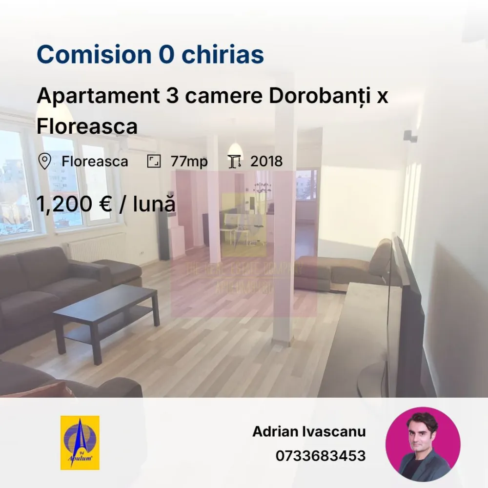Apartament 3 camere Dorobanți x Floreasca - Apartament cu 3 camere, complet renovat, aflat la etajul 4 din 4, fără lift, într-un imobil boutique construit în 2018, poziționat în zona Dorobanți – Tudor Vianu, la câteva minute de Floreasca.
Suprafață totală 90 mp. Prima închiriere. Mobilat și utilat integral, totul nou.

Compartimentare:
living open-space cu bucătărie integrată, 36 mp
dormitor 14 mp
dormitor 12 mp
două băi, 6 mp și 4 mp
balcon 6 mp
Imobil premium, S+P+4E+pod tehnic, 5 apartamente in total. Apartament luminos, liniștit, înconjurat de verdeață.
Vedere pe trei laturi:
sud-est către strada Tudor Vianu
vest către spațiu verde
nord-vest către zonă rezidențială adiacentă străzii Școala Floreasca
Se închiriază mobilat și utilat, potrivit atât pentru locuire, cât și pentru activități de birou sau salon. Toate camerele au pregătite racorduri pentru lavoare, utile pentru cabinete medicale, beauty sau alte funcțiuni similare. 

Preț chirie: 1.200 euro / lună
Proprietar persoană fizică. Fără TVA.
Garanție: echivalentul a două luni de chirie.
Onorariu Agentie 0.