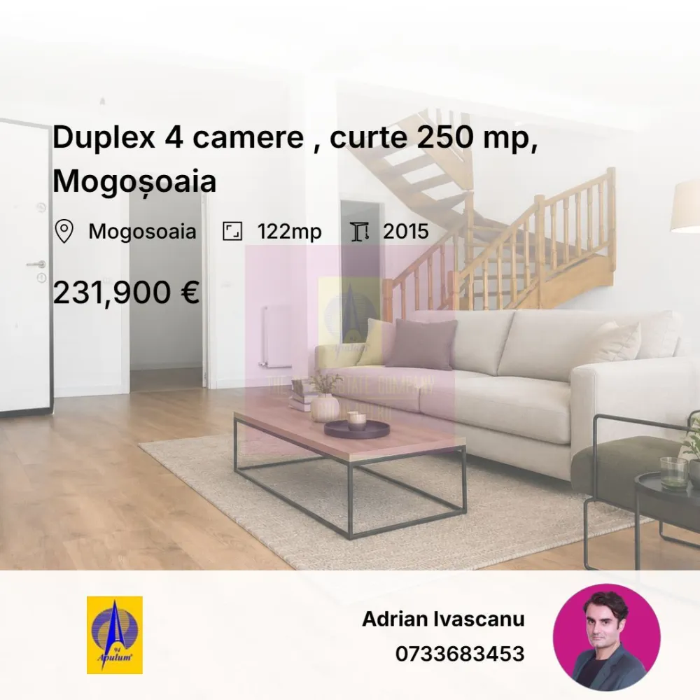 Duplex 4 camere , curte 250 mp, Mogoșoaia - Duplex de 122 mp într-o vilă din Mogoșoaia, Prelungirea Colentina, cu teren de 301 mp și curte de 250 mp — greu de găsit la casele din acest segment de preț. Construită în 2015, renovată în 2025: instalații, usi, mobilier bai și finisaje noi; fără investiții majore dupa mutare.
Proprietatea se vinde nemobilata.
Parterul are living spațios cu acces în curte și bucătărie separată. La etaj: 3 dormitoare, 2 băi și balcon la două dintre camere. 
Zonă liniștită, aproape de lac și de Palatul Mogoșoaia, cu acces direct spre București, fără ocoliri prin sat. Stația de autobuz e la 1 minut de mers pe jos. 
Preț: 231.900 €. Comision 0% pentru cumpărător.
Pentru vizionare, sunați sau scrieți pe WhatsApp: 0733.683.453.