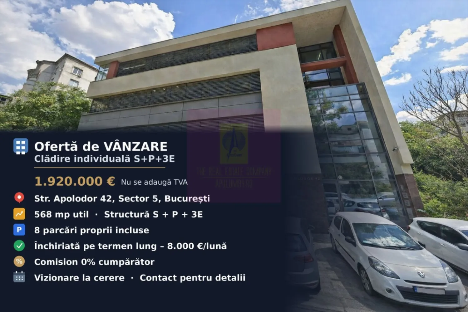 Clădire individuală S+P+3E, zona Parlament | Închiriată integral - Clădire individuală integrală S+P+3E, centrul Bucureștiului, strada Apolodor, la doar 200–300 m de Palatul Parlamentului și de ministere, închiriată complet pe termen lung unui singur chiriaș. Se vinde cu contract activ — venit din prima zi 5+ ani.
Se vinde întreaga clădire, nu spații separate: ~568 mp suprafață utilă plus ~165 mp teren propriu, desfășurate pe subsol (101,73 mp), parter (108,15 mp), etaj 1 (118,62 mp), etaj 2 (124,74 mp) și etaj 3 (117,15 mp). Identitate proprie, vizibilitate stradală și control total asupra spațiului — ideală și ca sediu reprezentativ de firmă.
Atuuri rare pentru zona centrală: 8 locuri de parcare proprii în curte, incluse — aproape imposibil de găsit aici. Vizibilitate excelentă pe Apolodor / Izvor, acces rapid la metrou (Izvor / Unirii) și legături auto facile către toate direcțiile

Rezumat suprafete:
Suprafață utilă : 568 mp + ~165 mp teren propriu
Parcări: 8 locuri proprii
Subsol: 101.73 mp util
Parter: 108.15 mp util
Etaj 1: 118.62 mp util
Etaj 2: 124.74 mp util
Etaj 3: 117.15 mp util