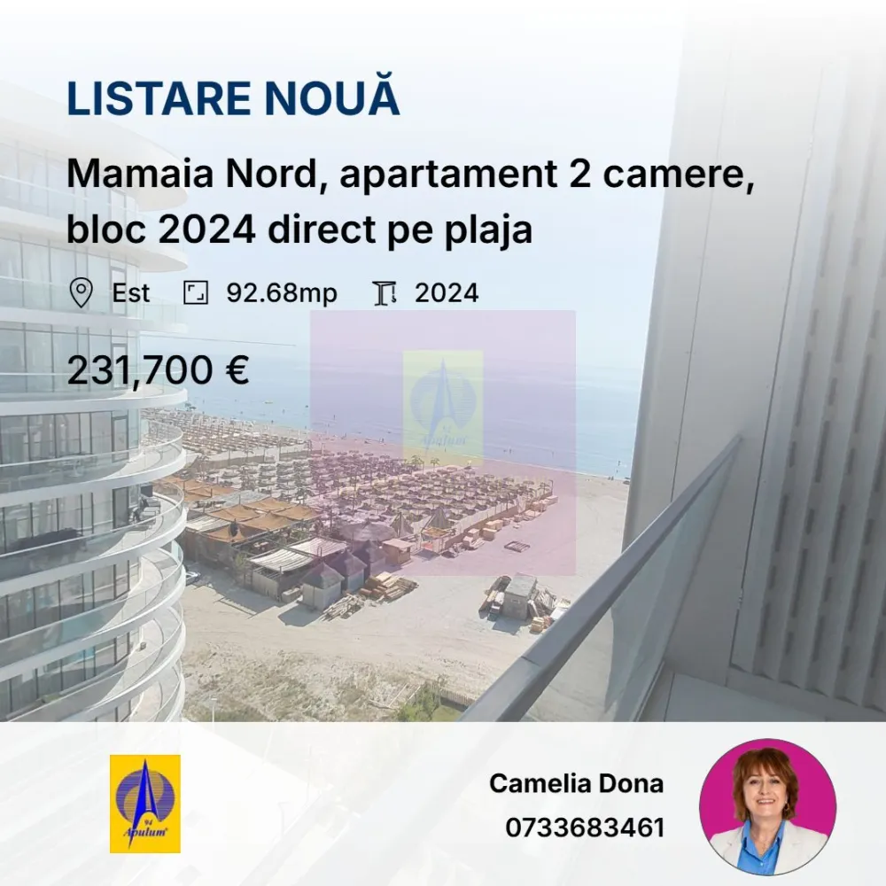 Mamaia Nord, apartament 2 camere, bloc 2024 direct pe plaja - Va oferim spre vanzare apartamente de 2 camere cu vedere la Marea Neagra in zona de lux din Mamaia Nord, la toate etajele, construit chiar pe plaja intr-un bloc nou 2024 construit cu materiale si finisaje de ultima generatie, de cea mai buna calitate, P+12, la cheie ultralux, blocul fiind terminat si finisat, pregatit gata de locuit.
Incalzirea fiecarui apartament se face cu Pompa de Caldura la curent, incalzire in pardoseala, aeroconvectoare pentru climatizare, sunt prevazute cu 2 grupuri sanitare cu cabina de dus in ambele bai, terasa mare cu vedere la mare pe ambele camere, termopan, gresie, faianta, usa metalica. Bucataria este open in living. Blocul este racordat la canalizarea orasului, nu fosa septica.
Suplimentar locuri de parcare acoperite la mezanin si etajul I.
Blocul are piscina exterioara si doua sali de fitness gratuite pentru rezidentii blocului. 
La intrarea in complex este bariera cu telecomanda.
Pentru detalii suplimentare si vizionari contactati agentul Dona Camelia 0733683461.