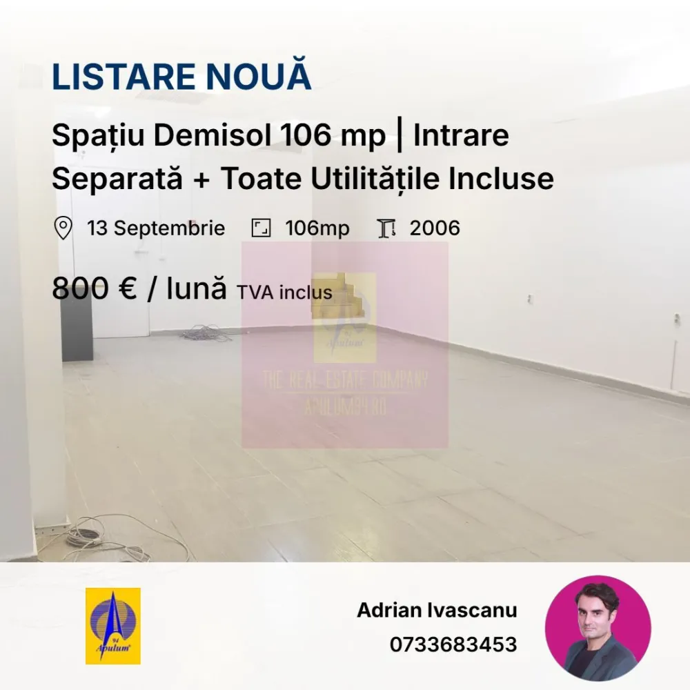 Spațiu Demisol 106 mp | Intrare Separată + Toate Utilitățile Incluse - Se închiriază spațiu de 106 mp utili, la demisol, cu intrare separată direct din strada Mihail Sebastian, sector 5.
Chirie: 800 euro/lună. ( inclus TVA )
Utilități INCLUSE în preț: apă, curent, mentenanță, paza, receptie. Cost fix lunar.
Spațiul este open space, ușor de organizat sau compartimentat.
Are grup sanitar propriu și zonă de depozitare.
Înălțime aproximativ 3 m.
Potrivit pentru:
– depozitare
– arhivă
– sală cursuri
– activități logistice
– atelier
– activități fără trafic intens
Clădire cu funcțiune mixtă, situată langa Mall Prosper și 13 Septembrie.
Parcare disponibilă în fața imobilului.

Contract minim 12 luni.
Garanție o lună.
Disponibil imediat. Filmare disponibila in anunt. Comision chirias 0.