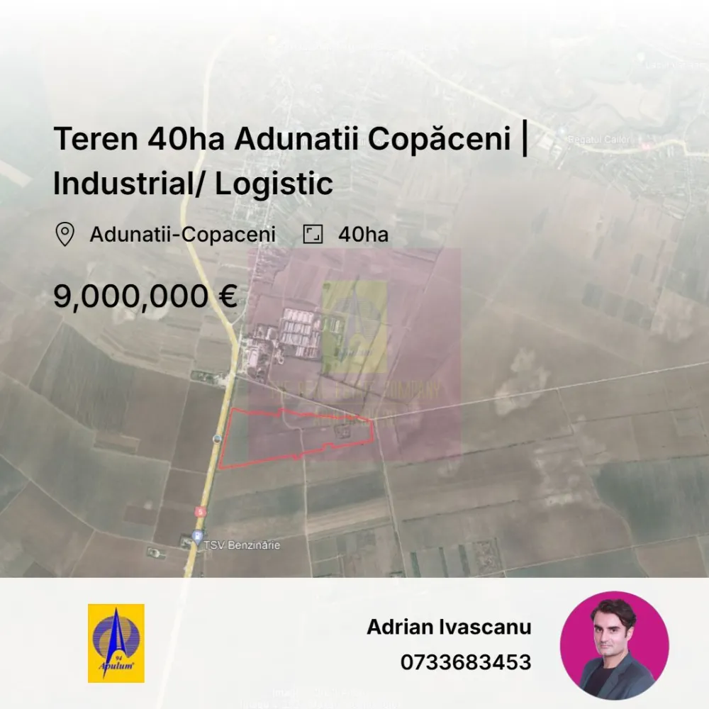 Teren 40ha Adunatii Copăceni | Industrial/ Logistic - Oferim spre vanzare /închiriere un teren intravilan de 40 hectare în Adunatii Copăceni, ideal pentru dezvoltarea de spații logistice sau industriale. Terenul beneficiază de acces direct din DN 5, E70, oferind legături rapide cu Giurgiu și alte zone din împrejurimi. Deschidere 500 ml.
Coordonate : 44°13'54"N 26°02'13"E

Suprafață: 40 hectare 
Pret vanzare 9.000.000 euro
Chirie: 2.500 EUR/ha/an
Indexare anuală a chiriei: conform inflației din UE, cu un prag minim de 4%
Durată contract: 30 ani
Avans la semnare inchiriere: 30.000 EUR 
Costuri dezvoltare (inclusiv alipire, CF, avize): suportate integral de superficiar

Reprezentare exclusiva.

Contact: 
adrian@apulum94.ro
Whatsapp/Tel 0733683453