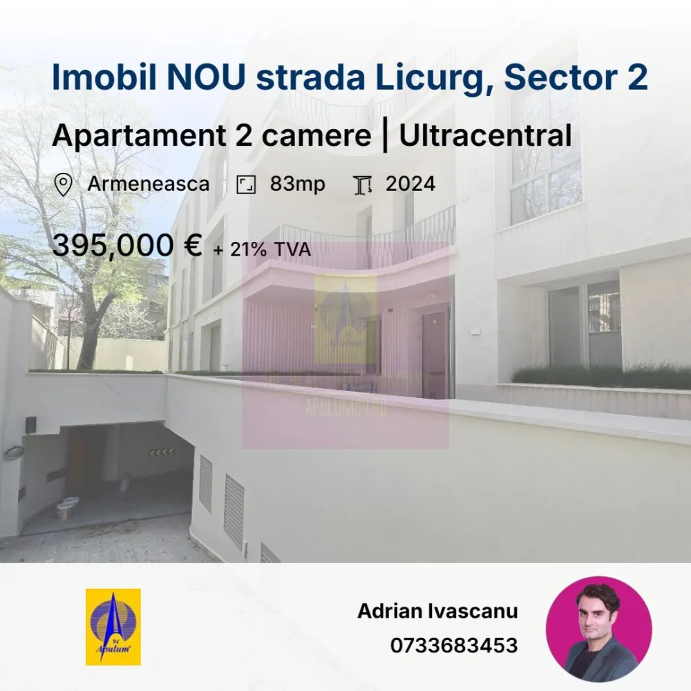 Apartament in imobil boutique, Cartierul Armenesc, Sector 2 - Apartament cu 2 camere, 83 mp utili, situat pe strada Licurg, în Cartierul Armenesc, într-un imobil boutique nou, finalizat în 2024, cu doar 11 apartamente.
Este o proprietate pentru cine caută mai mult decât o adresă centrală. Imobilul are o comunitate restrânsă, discretă, cu rezidenți de profil bun, iar atmosfera generală este calmă, privată și elegantă.

Apartamentul este decomandat, bine proporționat și luminos, cu o suprafață rar întâlnită pentru un apartament cu 2 camere în zona centrală. 
Localizarea este unul dintre avantajele clare: Cartierul Armenesc, aproape de Piața Rosetti, Universitate, Grădina Icoanei, restaurante, cafenele și zone culturale. Ai centrul aproape, dar fără expunerea și zgomotul unui bulevard principal.

Avantaje:

- 83 mp utili
- 96 mp construiți
- 2 camere, decomandat
- imobil boutique finalizat în 2024
- doar 11 apartamente în clădire
- Cartierul Armenesc, zona protejata
- zonă centrală, discretă și bine cotată
- comunitate restrânsă, cu profil select
- parcare subterană disponibilă
- potrivit pentru locuire pe termen lung

Pentru detalii și programarea unei vizionări, mă puteți contacta direct.

Proiectul include o selecție diversă de apartamente cu 3 și 4 camere , caracterizate prin ferestre ample si terase spatioase.
EXTERIOR:

Rame din aluminiu:

Barieră termică ALIPLAST, culoare bej RAL 7044
Fixare mecanică pe cadru de oțel 30 x 30 mm
Geamuri triple:

Compoziție generală: Sticlă 6 mm 4S, distanțier 16 mm WE, sticlă float 4 mm, sticlă low E 6 mm
Parter spre stradă: Sticlă temperată KN 166 ESG 6 mm, distanțier 16 mm WE, sticlă float 4 mm, sticlă laminată low E 4.4.1 mm
Valoare U totală: 1,05 pentru rame și ferestre din aluminiu
PEISAGISTICĂ:

Design exterior:

Alee de intrare cu plăci ceramice
Drum de acces la subsol asfaltat
Mobilier urban pe platforme de beton, cu zone de flori integrate
Spații verzi:

Pe plăci de beton: Ghivece de plante (adâncime 50-70 cm), arbuști și gazon la rampa de intrare
Pe sol natural: Plantații de arbori și arbuști, gazon, pentru uz exclusiv apartamentelor 1 și 2
INTERIOR:

Pereți cu vopsea multistrat:

Trei straturi de vopsea albă lavabilă pe plăci de gips tencuite
Bază din bloc ceramic de 30 cm grosime