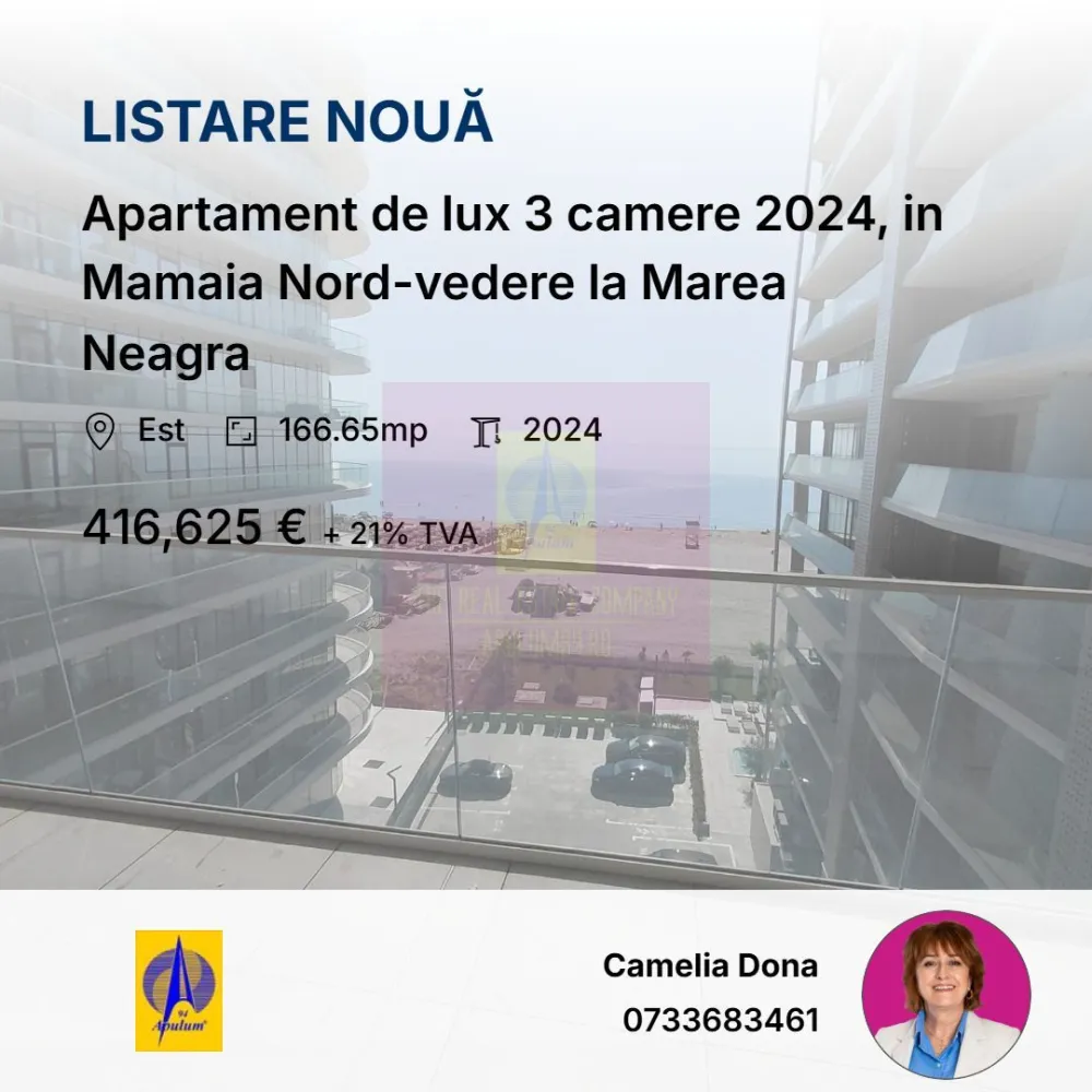 Apartament de lux 3 camere 2024, in Mamaia Nord-vedere la Marea Neagra - Va oferim spre vanzare apartamente de 3 camere cu vedere la Marea Neagra in Mamaia Nord, intr-un bloc nou 2024, P+12 la cheie ultralux, blocul fiind terminat si finisat, pregatit gata de locuit.
Incalzirea fiecarui apartament se face cu Pompa de Caldura la curent, incalzire in pardoseala, aeroconvectoare pentru climatizare, este prevazut cu 3 grupuri sanitare cu cabine de dus. Bucataria este open in living.
Scara blocului are doua lifturi moderne si o intrare imperiala cu candelabre superbe.
Suplimentar locuri de parcare la mezanin si etajul I.
Blocul are piscina exterioara si doua sali de fitness gratuite pentru rezidentii blocului. 
La intrarea in complex este bariera cu telecomanda.
Pretul este purtator de TVA si se calculeaza la suprafata construita.
Pentru detalii suplimentare si vizionari contactati agentul Dona Camelia 0733683461.