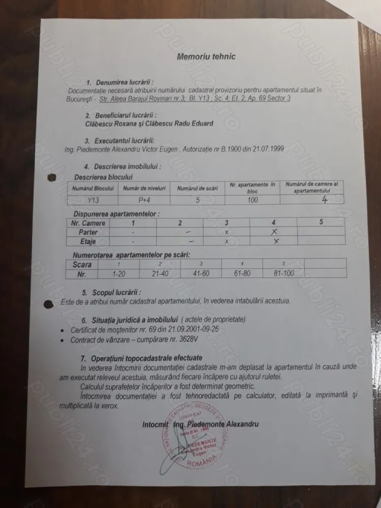 Vand apt 4 camere -114 mii sect 3, Titan Barajul rovinari, - Bucuresti sector 3 Str aleea baraj rovinari nr 3 bloc y13.
PROPIETAR unic moștenitor, apt il dețin de la părinți mei , care il au de la părinți lor .
Bloc de cărămidă cu 4 nivele si 5 scări în zig zag nu are craparuri la cutremurul din 1977 , nu sa miscat nimic ( nu sa spart nimic), izolat cu cărămidă ornamentală, sau faianță mica, în funcție de scara.
La subsol mai dețin o boxa cu ușa de fier, groasă aproximativ 3m 3m (pe boxa nu am acte, o dețin de pe vremea bunicului - doar eu).
Etaj 2 din 4 
Apt este cu două bai cu cada gresie în romb faianță pana in tavan 
În 2000 renovare generala , instalație sanitară, electrica , nu mai locuiesc în el din 2012
Locuiesc în alt oraș
Intabulare ,cadastru, fără certificat energetic (se face fin 72 de ore)
Am vrut sa-l inchiriez asa ca am hainele în saci. 
Precontract -avans ; contract, doresc ca actele sa se faca cu hotarul cu care am facut toate sucesiunile, si actele, (asa apartamentul va avea tot istoricul).
În casa nu a decedat nimeni, toti membri familiei la spital, azil sau țară.
Nr apt este 69 d.p.d.v. numerologic este 6 in aceasta casa oameni nu divorteaza, nu se despart, 6 reprezintă iubirea, iar 69 este un nr care reprezintă începutul fara sfarsit.
E un apt bun si cald, frumos, cu o energie buna.
Mobil de contact : zero; sapte; doi; unu; noua ; noua; noua; cinci; zero; unu;