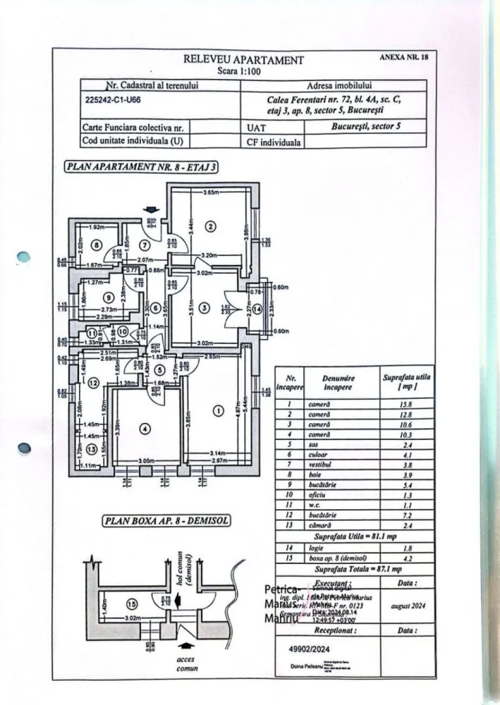 Apartament 4 camere /Boxa /Calea Ferentari 72 /Sector 5 /Proprietar - Apartament 4 camere

Decomandat

Suprafata Utila =81.1 mp

Suprafata Totala =87.1 mp

Doua grupuri sanitare

Calea Ferentari nr. 72, bl. 4A, sc. C

Etaj 3, ap. 8, sector 5, Bucuresti

Proprietar

Cadastru si Intabulare

Certificat de Performanta Energetic 

Apartamentul este gol , curat și proaspăt zugrăvit

Se afla intr-o zona liniștită 

La 100 m este scoala și la 150 m Kaufland

5 minute de mers pe jos de mijloacele în comun

Cele mai apropiate statii de Metrou :Eroii Revolutiei si Piata Unirii

Se poate lasă inclusiv mobila existenta sau se poate preda gol

Nu doresc schimb de nici un fel

Prețul negociabil în limita bunului simt

Nu am nici o problema în a colabora atâta timp cât ambele părți implicate au de câștigat