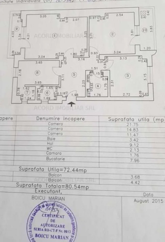 Ap 3 camere zona Dacia - - Apartament 3 camere decomandat;
- Sutila = 72,44mp; Stot=80,54 mp;
- Etaj 4/4;
- Vedere bilateral cu 2 balcoane (1x3,68mp, 1x4,42mp);
- 2 Grupuri sanitare;
- Centrala Termica pe Gaz, Aer Conditionat, Internet Fibra Optica;
- Bloc BCA construit in 1992, cu scara securizata;
- La 5 minute de parc Tabacarie si City Park Mall;
- Acces rapid la mijloacele de transport in comun liniile 42, 43, 42M, 43C, 43M, 100, 100C;
- Mai multe poze si informatii la tel.