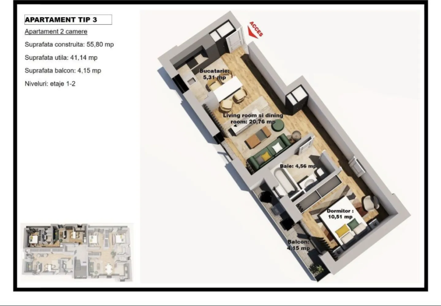 Ap 3 camere Kamsas Baba Novac - Bun venit în viitorul dumneavoastră cămin! Amplasat pe strada Baba Novac, în cartierul Compozitorilor, proiectul Karelia Residence este în curs de construcție și va fi finalizat în octombrie 2024, oferindu-vă astfel oportunitatea de a vă bucura rapid de noua dumneavoastră locuință. Cu o arhitectură ce se remarcă prin eleganță și funcționalitate, acest imobil încântător îmbină confortul contemporan cu rafinamentul finisajelor de lux. Pentru grija față de siguranța și intimitatea în propria dumneavoastră locuință, dar și pentru considerația că o construcție bine realizată are la bază în mod primordial materiale de înaltă calitate. Blocul se impune printr-un design nou și inovativ în peisajul cartierului, evidențiându-se printr-un proiect arhitectural ce suprapune perfect nevoile dumneavoastră. IMOBILUL BENEFICIAZĂ DE LOC DE PARCARE INCLUS ÎN PREȚ! APARTAMENT TIP 1 A – 3 CAMERE Apartamentul de 3 camere, cu o suprafață construită de 90.72 mp și o suprafață utilă de 74.55 mp din care 6.47 reprezintă balconul PRET 130.000 euro la cheie! Loc de parcare inclus! APARTAMENT TIP 4 3 camere Apartamentul de 3 camere cu o suprafata construita de 104.07 mp si o suprafata utila de 83.6 mp din care 5.76 reprezinta balconul! PRET 150.000 euro la cheie! Loc de parcare inclus! APARTAMENT 2 Camere Apartamentul de 2 camere cu o suprafata construita de 55.8 mp si o suprafata utila de 45.29 mp PRET 77.000 euro la cheie! Loc de parcare inclus APARTAMENT TIP 2 STUDIO 48.27. 38.74 Apartament tip studio cu o suprafata construita de 48.27 si o suprafata utila de 38.74 PRET. 65000 euro la cheie! Loc de parcare inclus! Caracteristici: Apartamentul dispune de două dormitoare generoase, oferind un spațiu aerisit pentru odihnă și relaxare. Zona de living room și dining room se îmbină perfect împreună, gândită pentru a oferi spațiul perfect pentru petrecerea timpului cu familia sau pentru a primi oaspeți. Bucătăria este amenajată într-un mod practic pentru a oferi suficient spațiu pentru gătit dar și pentru depozitare. Apartamentul beneficiază de un balcon generos . Locuința dispune de două băi echipate cu finisaje de calitate. Compartimentarea eficientă a apartamentului oferă un flux natural între diferitele zone, maximizând utilizarea spațiului. Amenajat cu materiale și finisaje de înaltă calitate, oferă un aspect modern și durabil. Situat într-o zonă bine conectată, aveți acces ușor la transport public, magazine, ajungând în orice punct al Constanței într-un timp rezonabil. Suntem bucuroși si vă invităm sa faceți parte din acest nou concept, unde confortul, stilul și eleganța se împletesc armonios pentru a vă oferi o experiență de locuit de neuitat.